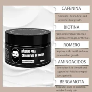 Tarro negro de 100ml de bálsamo para crecimiento de barba con de hombre barbudo y listado de ingredientes clave en la etiqueta lateral